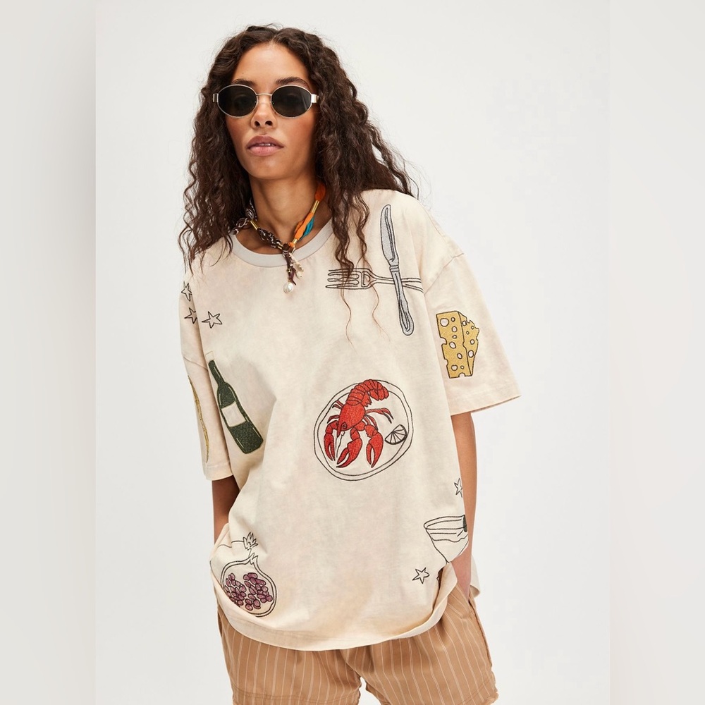 NWT Free People Denim and Bone Embroidered Dinner Party Tee